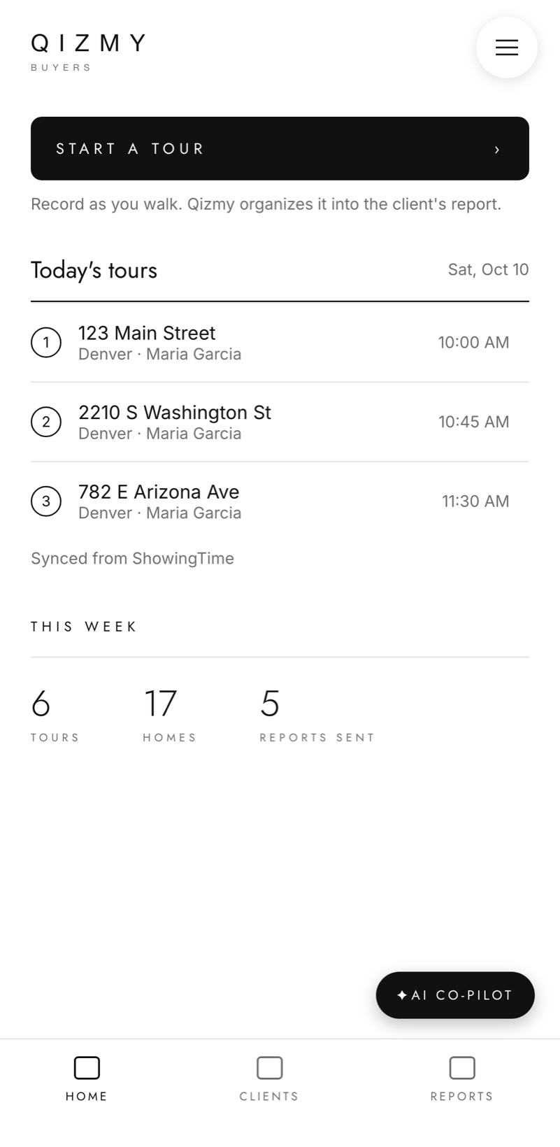 QIZMY app home screen with Start a Tour and today's showings synced from ShowingTime